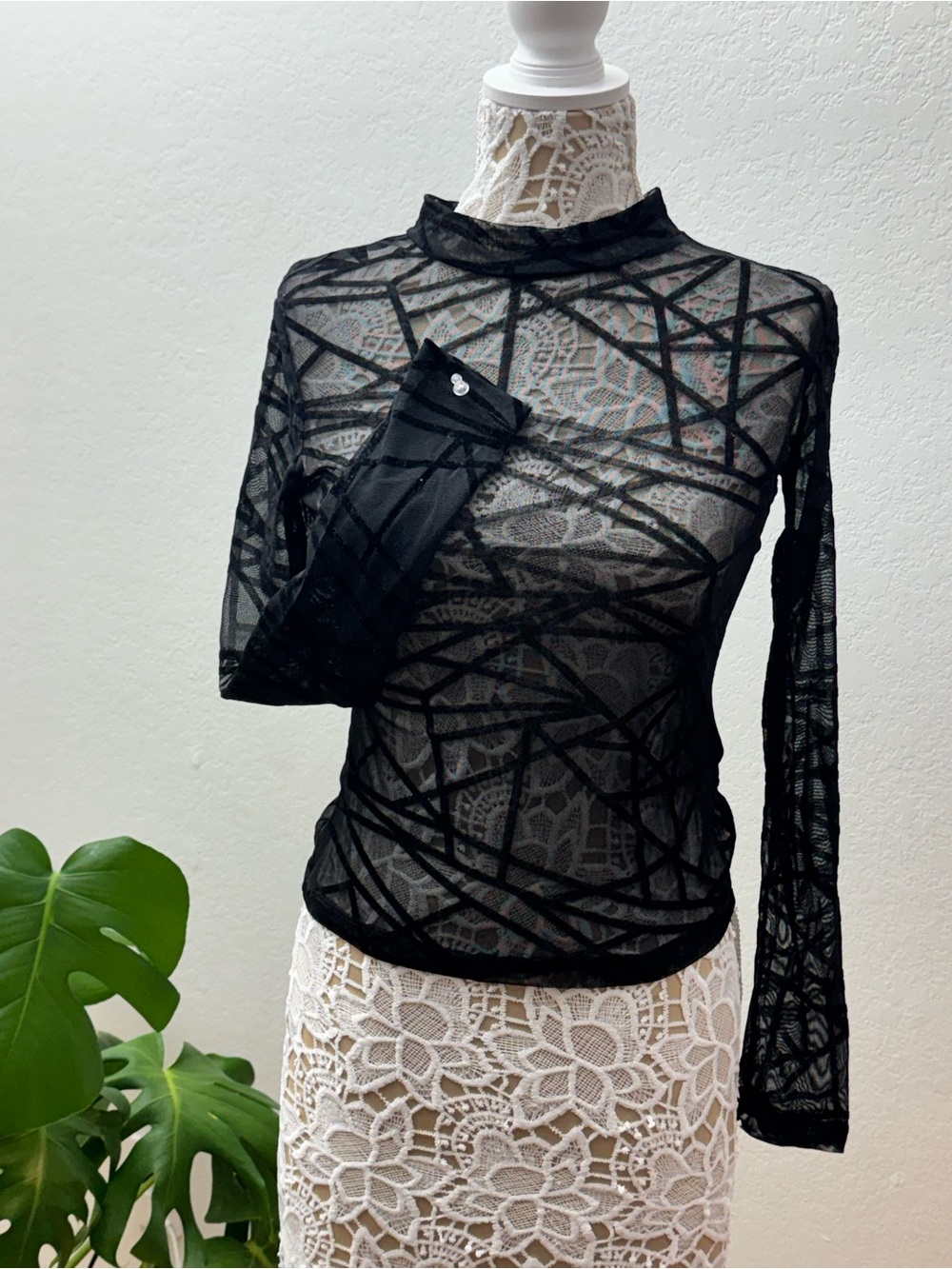 🖤 Edgy Black Sheer Geometric Mock Neck Top 🖤